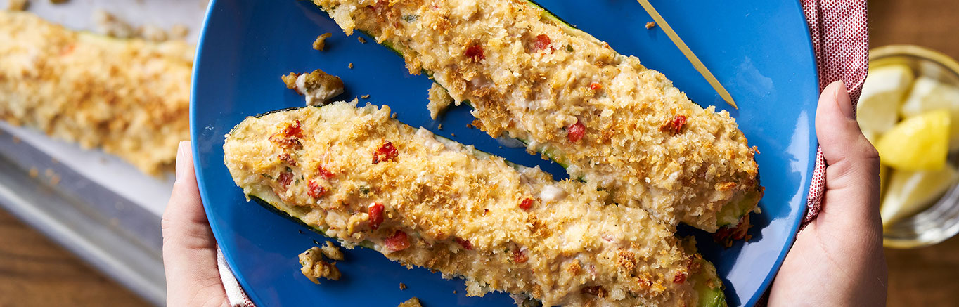 Image of prepared Chicken Alfredo Zucchini Boats