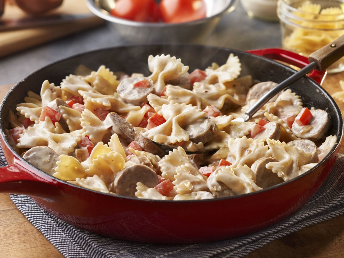 Image of prepared Bowtie Alfredo with Sausage