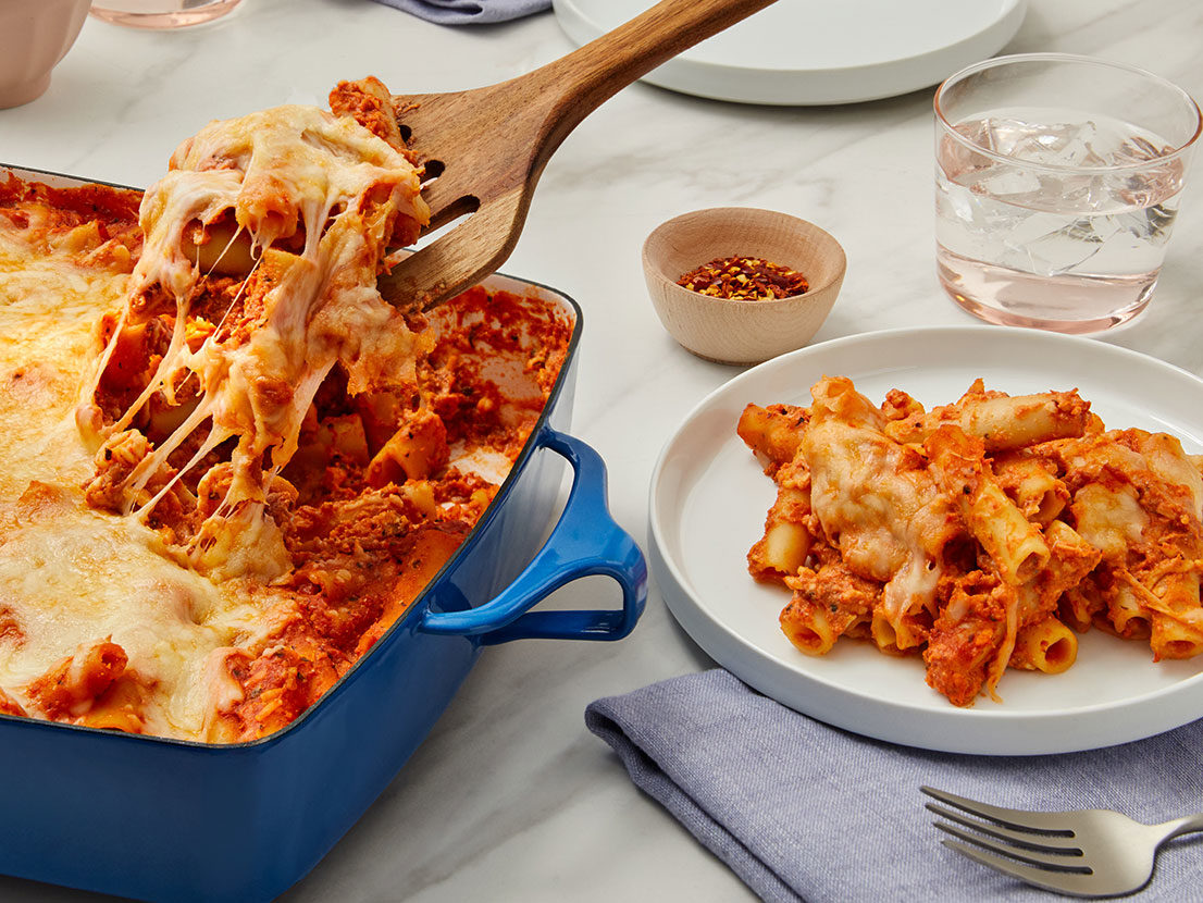 Casserole dish of Meatless Baked Ziti made with Italian Cheeses and Prego® sauce