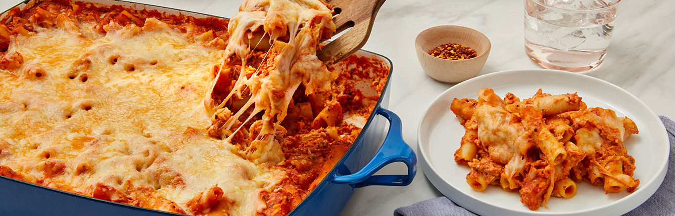 Casserole dish of Meatless Baked Ziti made with Italian Cheeses and Prego® sauce