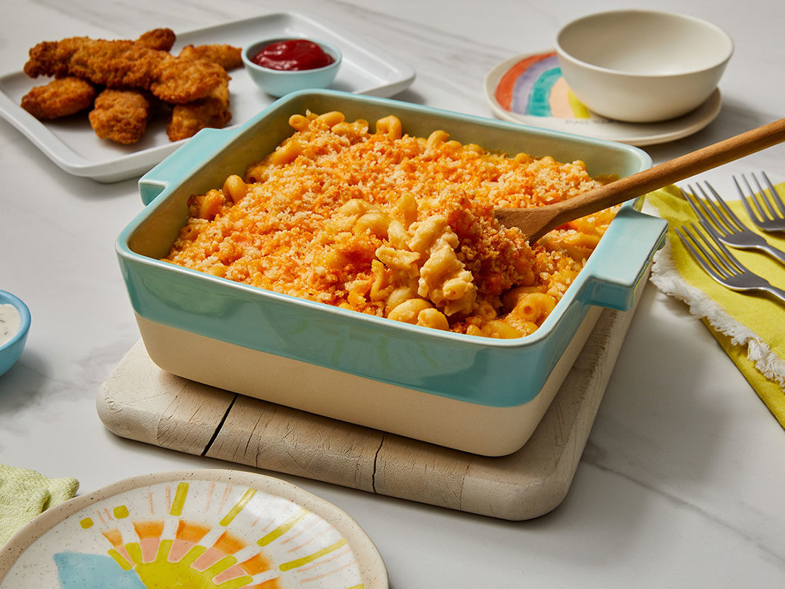 Image of prepared No-Boil Baked Cauliflower Mac & Cheese recipe