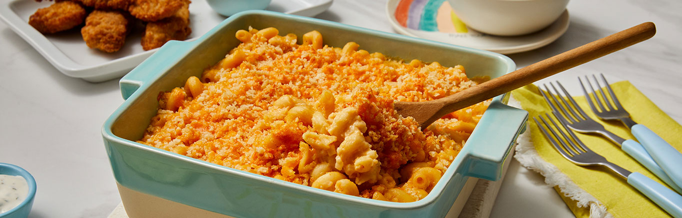 Image of prepared No-Boil Baked Cauliflower Mac & Cheese recipe