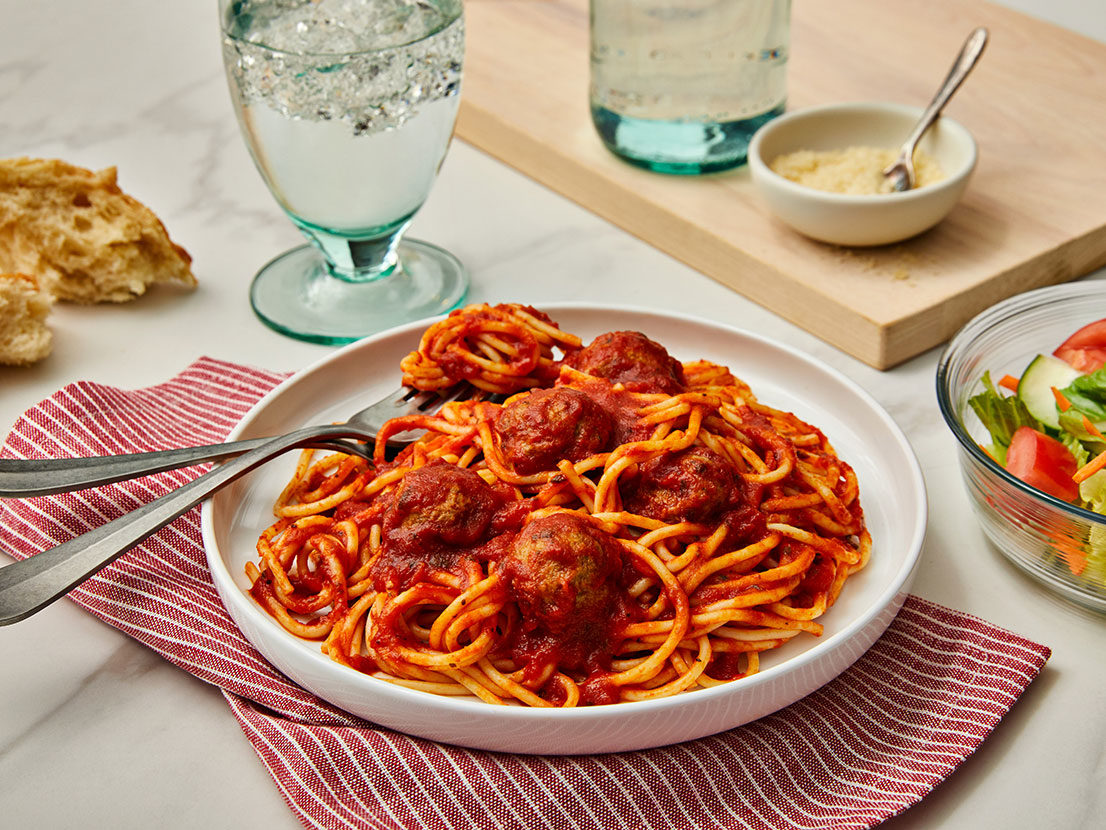 Serving of Quick & Easy Spaghetti & Meatballs recipe using Prego® jar sauce