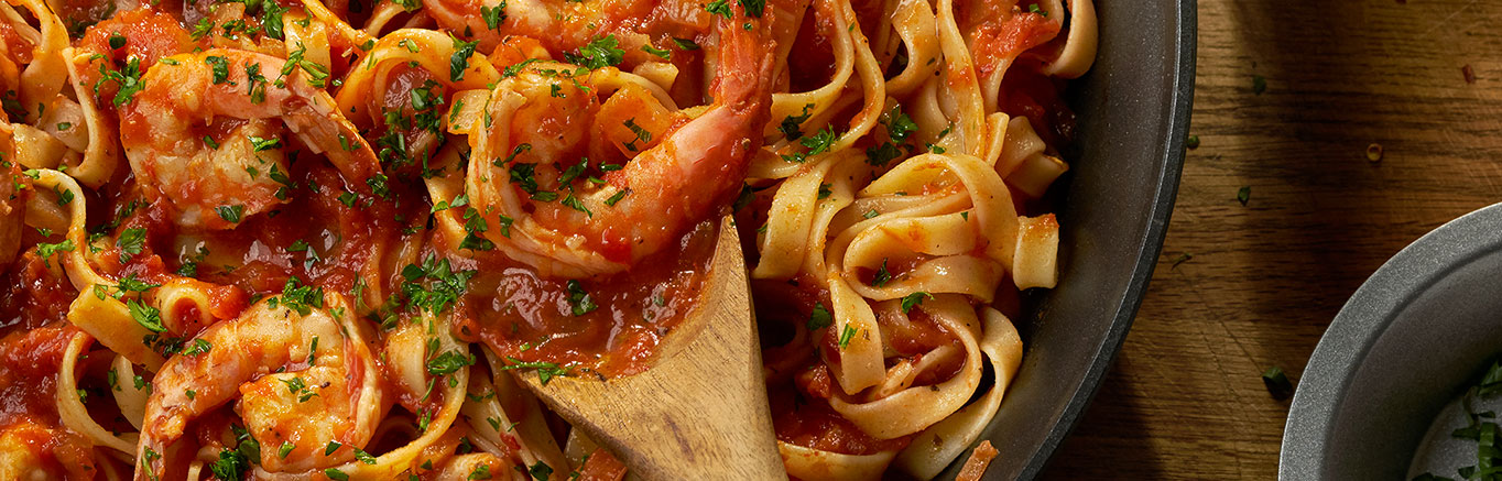 Prepared Shrimp Fra Diavolo with Fettucine Pasta made with Prego® sauce