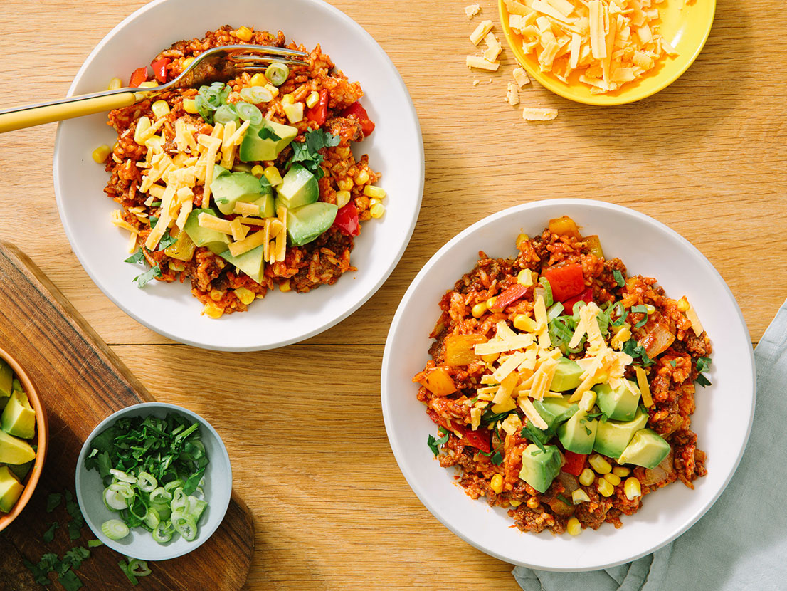 Image of prepared One Pan Fire-Roasted Tomato Burrito Bowls